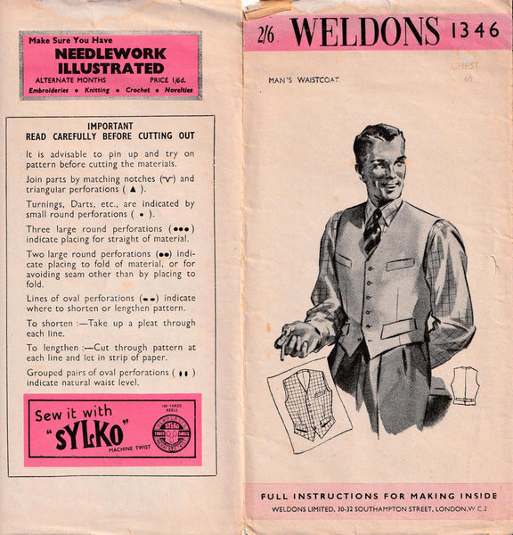 1950's Men's Waistcoat, Original Weldons Pattern 40 chest
