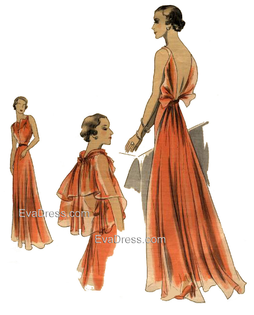 1935 Evening Gown, Cape and Slip E30-371 – EvaDress Patterns