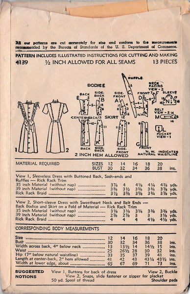 1946 One-Piece Dress, Original Advance 4139 in Factory Folds! 32" bust