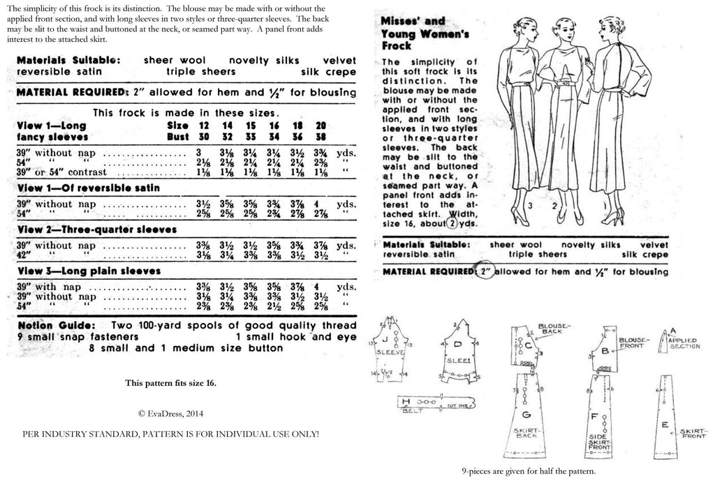 D30 Pattern 1936 Dresses, D30-7911 – EvaDress Patterns