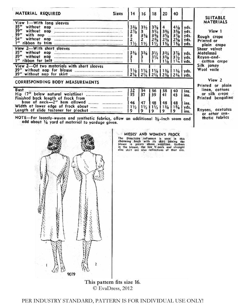 D30 Pattern 1937 'Directoire' Dress, D30-9079 – EvaDress Patterns
