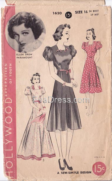 1939 One-Piece Frock, Original Hollywood 1620, 34" bust EvaDress Patterns 1939 One-Piece Frock, Original Hollywood 1620, 34" bust EvaDress Patterns