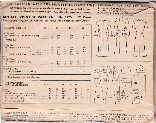 1945 One-Piece Dress, Original McCall 5975 32" bust
