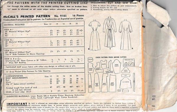 1952 One-Piece Dress 32" bust, Original McCall's 9185